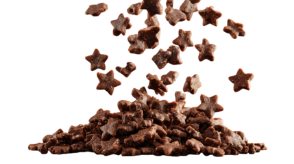 A pile of small, brown, flower-shaped pet kibble. Several pieces of the kibble are suspended in mid air above the main pile, creating a dynamic, gravity-defying effect.