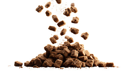 A pile of small, brown, flower-shaped pet kibble. Several pieces of the kibble are suspended in mid air above the main pile, creating a dynamic, gravity-defying effect.