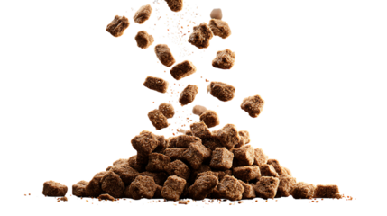 A pile of small, brown, flower-shaped pet kibble. Several pieces of the kibble are suspended in mid air above the main pile, creating a dynamic, gravity-defying effect.