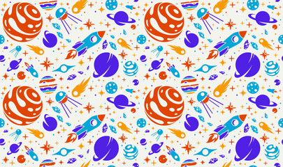 Exploring space seamless background, vector cartoon rockets flying among planets and stars endless wallpaper, astronomy school education for children tiling pattern.