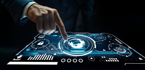 Futuristic Businessman Hand Touching Digital Interface with Graphs, Globe, Lock Symbols in Dark Environment for Technology and Innovation Concepts