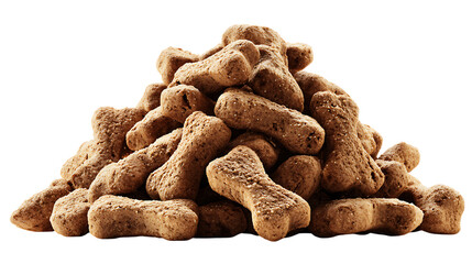 Rough pile of small, dry, bone shaped dog treats. The textured, crumbly surface of the biscuits and their savory brown color.