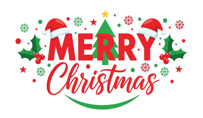 Festive merry christmas text design with santa hats holly and snowflakes celebrating holiday season joyful wishes isolated on white background