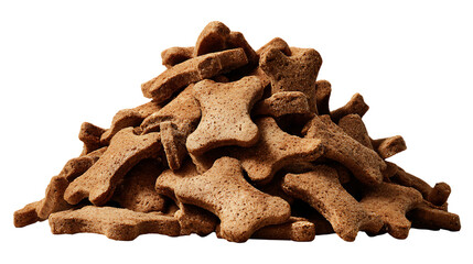 Rough pile of small, dry, bone shaped dog treats. The textured, crumbly surface of the biscuits and their savory brown color.