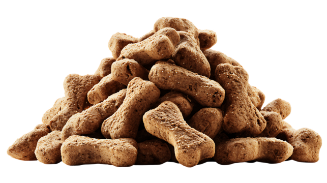 Rough pile of small, dry, bone shaped dog treats. The textured, crumbly surface of the biscuits and their savory brown color.