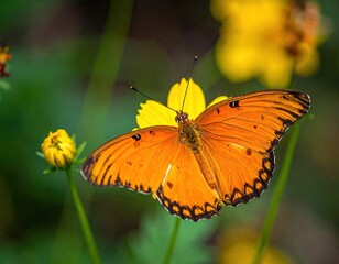Orange Butterfly on Yellow Flower in Green Garden