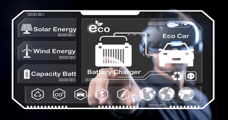Futuristic Interface Displaying Renewable Energy Sources for Eco-Friendly Battery Charger and Electric Vehicle Technology in Modern Society