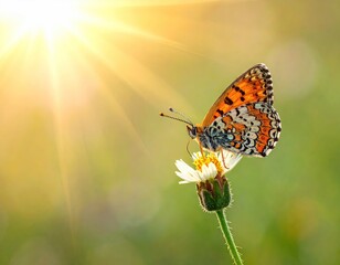 Orange Butterfly on White Flower in Sunlight