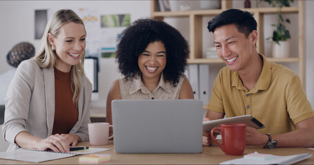 Media agency, laptop and people in meeting, excited and positive feedback for news report. Magazine editor, smile and journalists in office, cooperation or tech with happiness or proposal for article