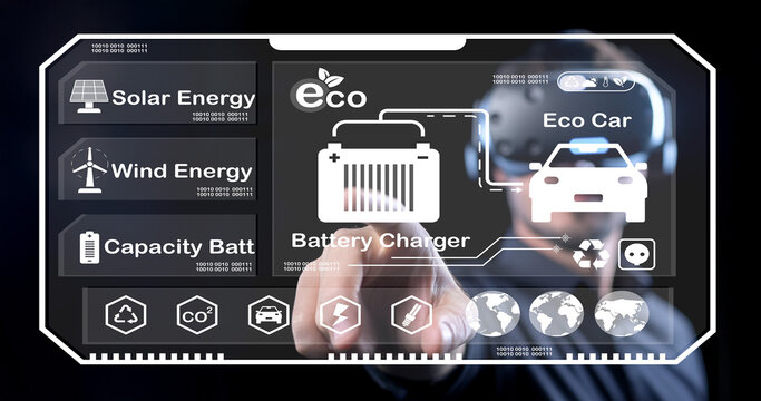 Futuristic Interface Displaying Renewable Energy Sources for Eco-Friendly Battery Charger and Electric Vehicle Technology in Modern Society