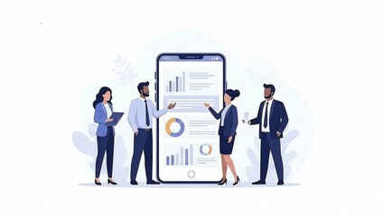 Business team collaborates, analyzing animated data charts presented on oversized smartphone screen in seamless 2D flat design loop animation. - Powered by Adobe