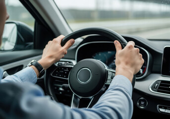 Driver s hands on the steering wheel of a modern car
