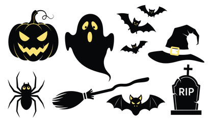 Obraz premium Halloween icons collection spooky ghost pumpkin bats witch hat spider broom tombstone festive holiday decorations graphic elements isolated on white background