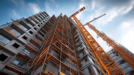 During the day, a scaffolded high-rise skyscraper is being constructed against a vivid blue sky. - Powered by Adobe