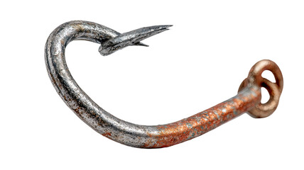 Worn, rusty fishing hook; point and eye visible against black