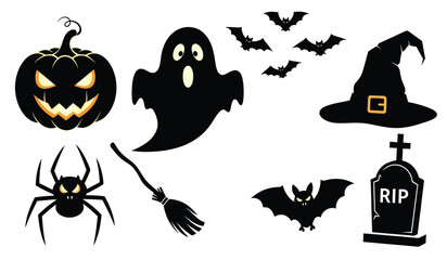 Halloween icons collection spooky pumpkin ghost bats spider witch hat tombstone broomstick celebration party decorations graphic elements isolated on white background