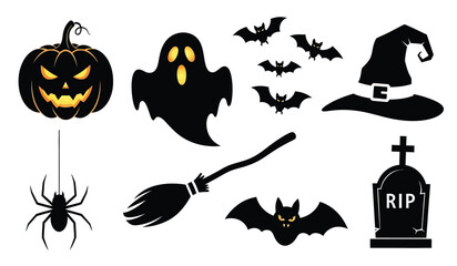 Spooky halloween icons featuring jack-o-lantern ghost bats witch hat spiderweb broom tombstone for festive decorations and party supplies isolated on white background