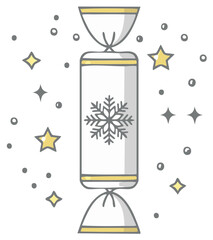 Sparkling Christmas cracker with snowflake design, festive stars, and glitter for holiday celebration.