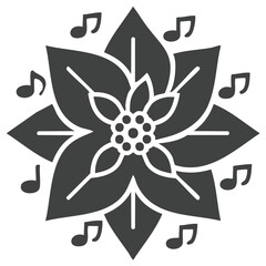 Christmas poinsettia flower icon with surrounding musical notes for holiday carols