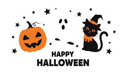 Happy halloween celebration with jack o lantern ghost and black cat festive decorations and stars for spooky fun and autumn events isolated on white background
