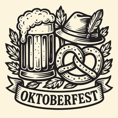 Vintage Oktoberfest Badge with Beer Mug, Pretzel, and Bavarian Hat in Woodcut Style
