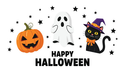 Spooky halloween scene featuring a jack-o'-lantern ghost and black cat with happy halloween text and falling stars decorations isolated on white background