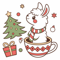 A Excited Llama with in a teacup in a Christmas theme – Festive Cheer palette SVG illustration