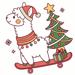 Charming SVG of a Dreamy Llama featuring riding a skateboard, styled in a Christmas theme with Festive Cheer hues