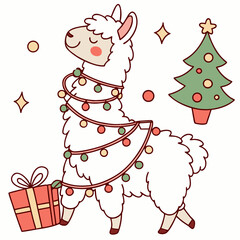 Vector illustration of a Joyful Llama with wrapped in fairy lights, styled in a Christmas theme using Festive Cheer colors