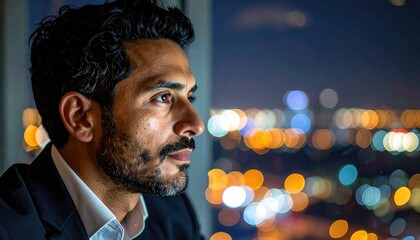 Contemplative Man at Night Cityscape