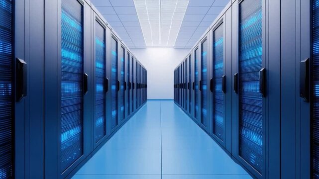 Modern Data Center Aisle with Blue LED Lights and Rack Servers for High-Performance Computing and Cloud Services 4k video footage