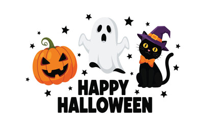 Charming halloween scene featuring a jack-o'-lantern ghost and black cat with stars and festive 