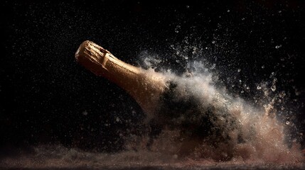 A gold champagne bottle explodes in a dramatic spray of liquid and bubbles against a dark background