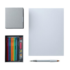 Stationery setup paper, box, colorful pens, pencil, eraser on black