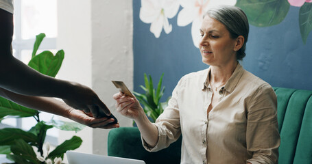 Cafe, credit card and payment service with POS machine for customer order, beverage or purchase. Woman, barista and waiter with tap to pay, mobile smartphone and NFC sale for checkout in coffee shop