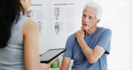 Shoulder pain, physiotherapy and senior man with tablet for osteoporosis, help or physical therapy. Digital tech, consulting and person with elderly patient for medical support, arthritis or injury