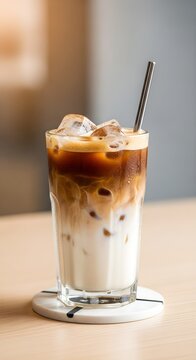 Refreshing Iced Coffee with Cream and Ice in Tall Glass, Perfect for Summer Cafe Vibes