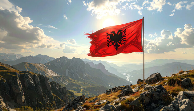 Albanian flag waving proudly atop rugged mountain peak, scenic panorama embodies national pride and adventurous spirit under bright sunlight
