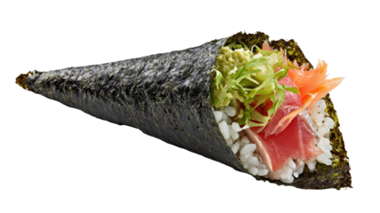 Temaki sushi cone with tuna, rice, and seaweed wrap, closeup
