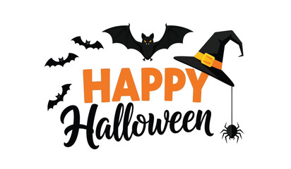 Happy halloween festive greeting with bats witch hat and spiders for spooky celebrations and party invitations isolated on white background