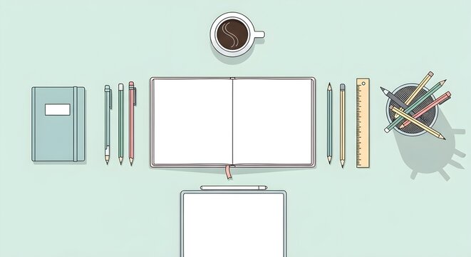 Flat lay of open notebook, pens, pencils, ruler, coffee cup, and tablet on a light blue background - Powered by Adobe
