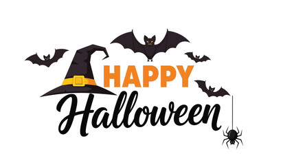 Spooky happy halloween typography with witch hat bats and spider for festive seasonal celebrations and decorations isolated on white background