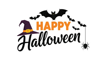 Happy halloween festive design with spooky bats witch hat and creepy spider for seasonal celebration isolated on white background
