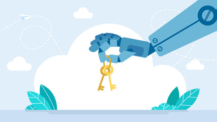 Humanoid robot hand with key, artificial intelligence, assistant, data security, protection. Smart robotic hand holding metal key with keychain loop for unlock. Power of AI. Flat illustration.