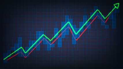 Fototapeta premium Digital Financial Growth Analysis with Neon Upward Trend Line and Bar Charts on a Futuristic Dark Technology Grid Background for Stock Market and Investment Reports