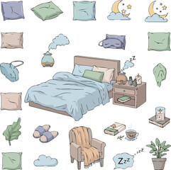  Create Sleep and Relaxation Collection Featuring Beds, Pillows, Aromatherapy, and Nighttime Comfort Items. Editable Stroke. pure Colored Vector Illustration.