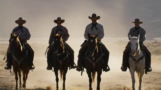 Four stoic cowboys in duster coats and wide-brimmed hats ride powerful horses across a desolate prairie at golden hour, stirring crimson dust, muted mountains in distance. Epic western film aesthetic