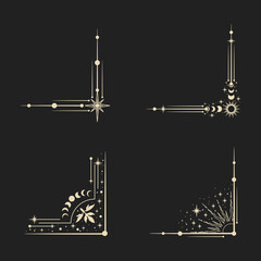 Magical esoteric corners, mystical linear decoration with sun, moon, stars isolated on black background. Vector illustration. 