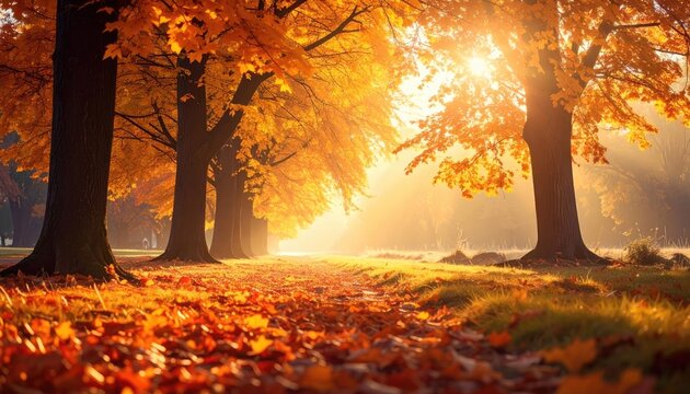 Autumnal path bathed in golden sunlight