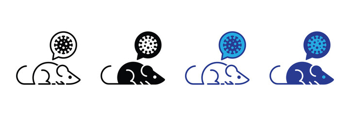 Set of four icons depicting a mouse with a virus symbol in a speech bubble, isolated on white background